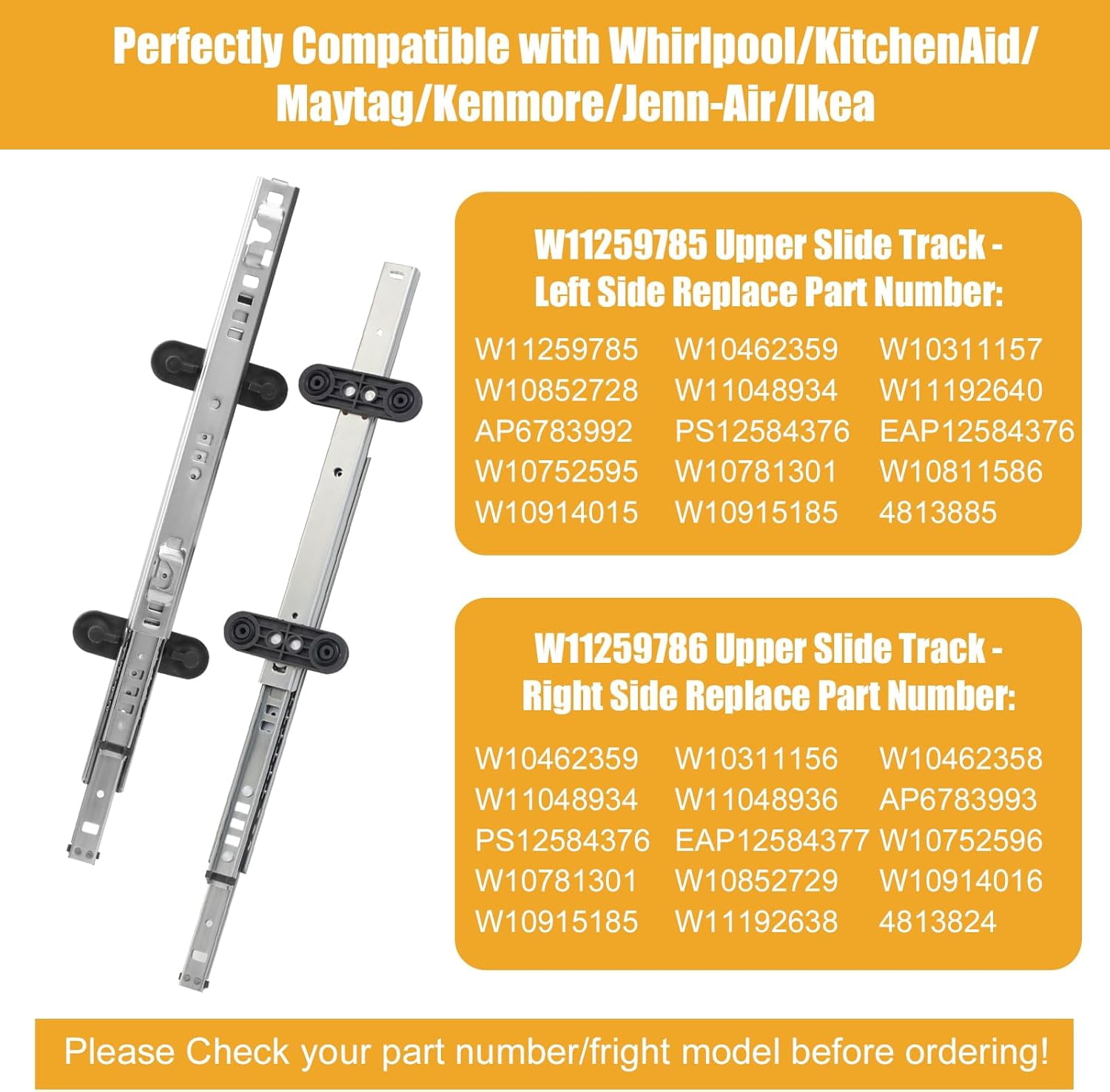 W11259786 W11259785 Dishwasher Dishrack Slide Track (Left & Right) - Compatible With Whirlpool KitchenAid Maytag Jenn-Air Dishwasher - Replaces PS12584377 PS12584377 AP6783993 AP6783993 KDTE204EPA2