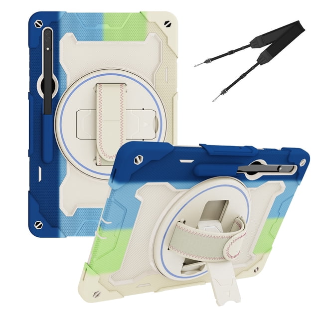 XYX 3in1 Rotating Stand Case for Samsung Galaxy Tab S9 Ultra 14.6 inch SM-X910 with Hand/Shoulder Strap, Shockproof Rugged, Colorful Blue