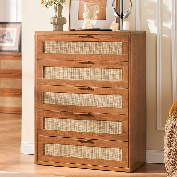 Upright 5 Drawer Dresser, Joaxswe Brown Dressers for Bedroom with Chest of Drawers, Wooden Cabinet for Bedroom, Living Room, Entryway