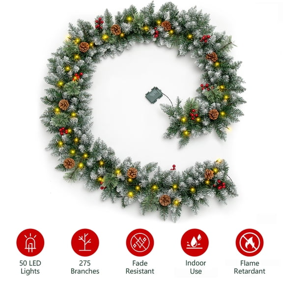 Qunler 2 pack - 9ft Outdoor Pre-Lit Christmas Garland with Lights & Timer for Fireplace Mantel Indoor Outdoor Christmas Decoration, 8 Modes, Battery Operated, Green
