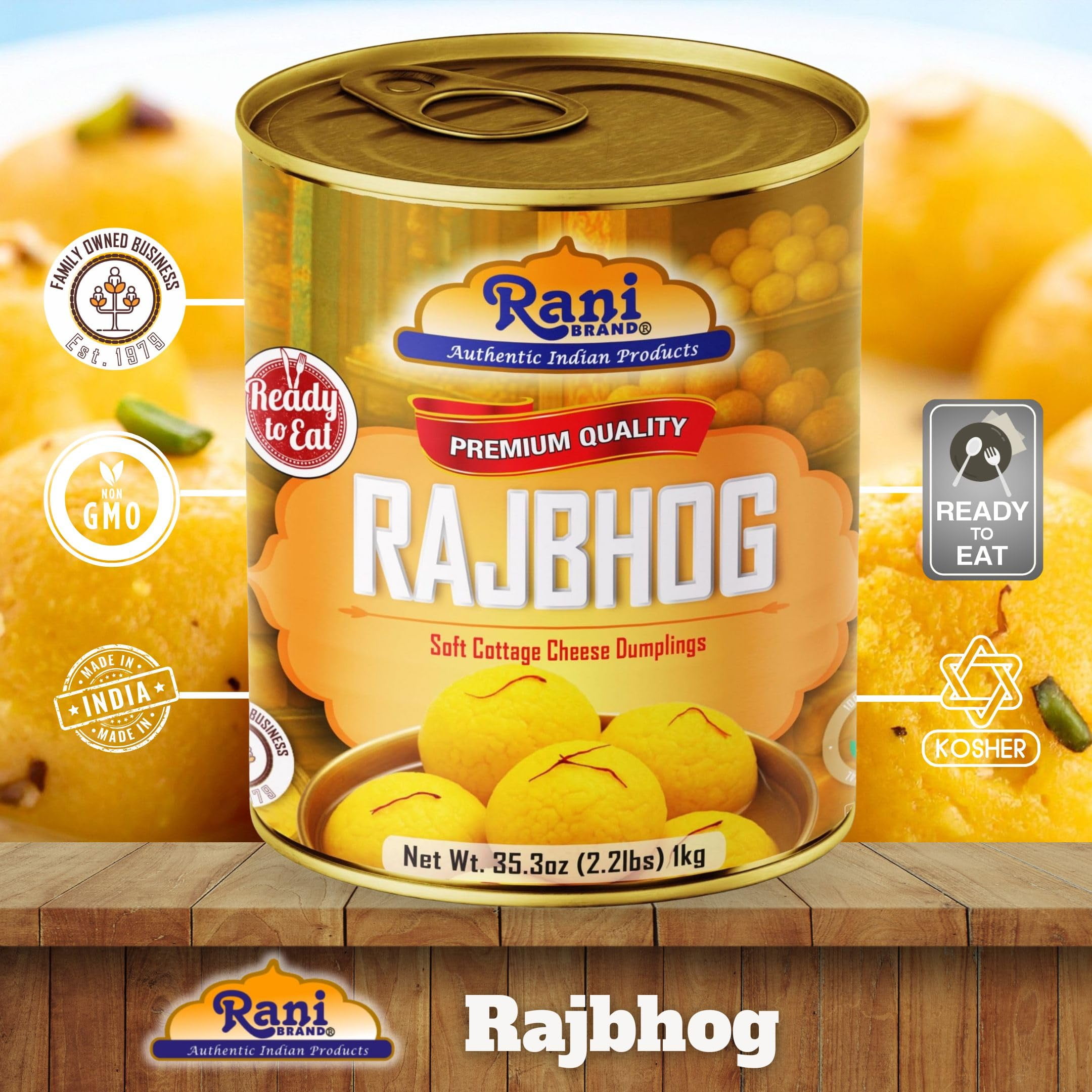 Rani Rajbhog (Soft Cottage Cheese Dumplings) 35.3oz (2.2lbs) 1kg, Pack of 2, Approximately 14 pieces, Easy Open Lid ~ Ready to eat | All Natural | Gluten Free | Non-GMO | Kosher | Indian Origin