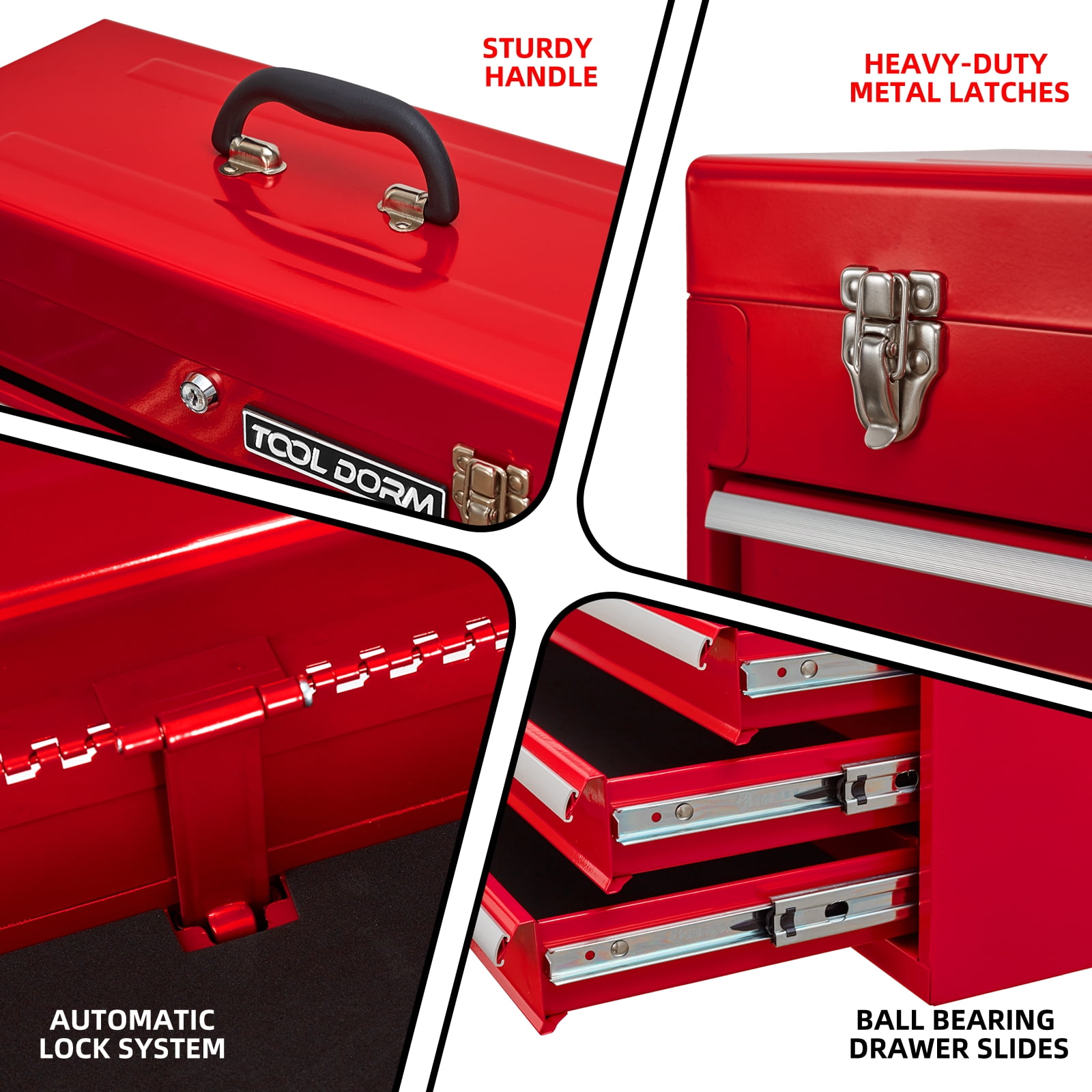 Metal Tool Box with 4 Drawers Portable Steel Tool Chest with Metal Cylinder Lock and Latch Closure, Liner, Red Powder Coating, Suitable for Garage, Warehouse and Outdoor