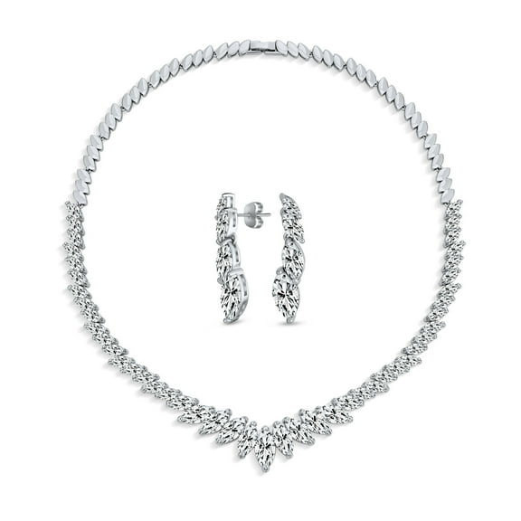 Bling Jewelry Womens Bridal Marquise Leaf CZ Necklace Chandelier Earrings Set