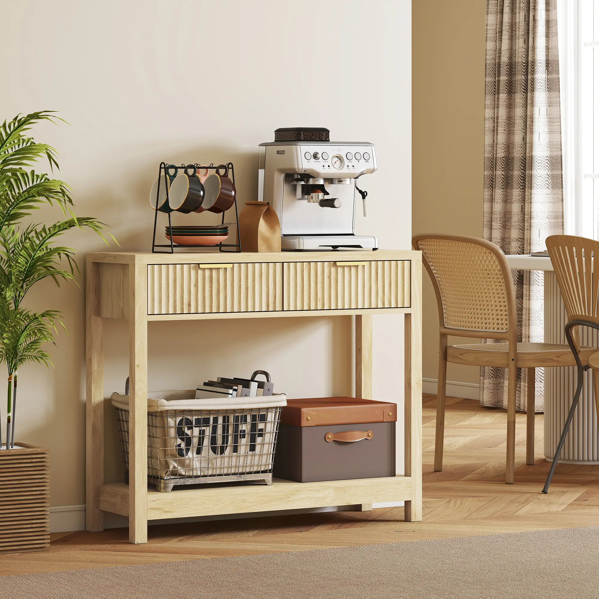 Natural Wood Console Table with 2 Fluted Drawers and Open Shelves, Modern Entryway Table with Anti-Tip Kit for Hallway Living Room Bedroom