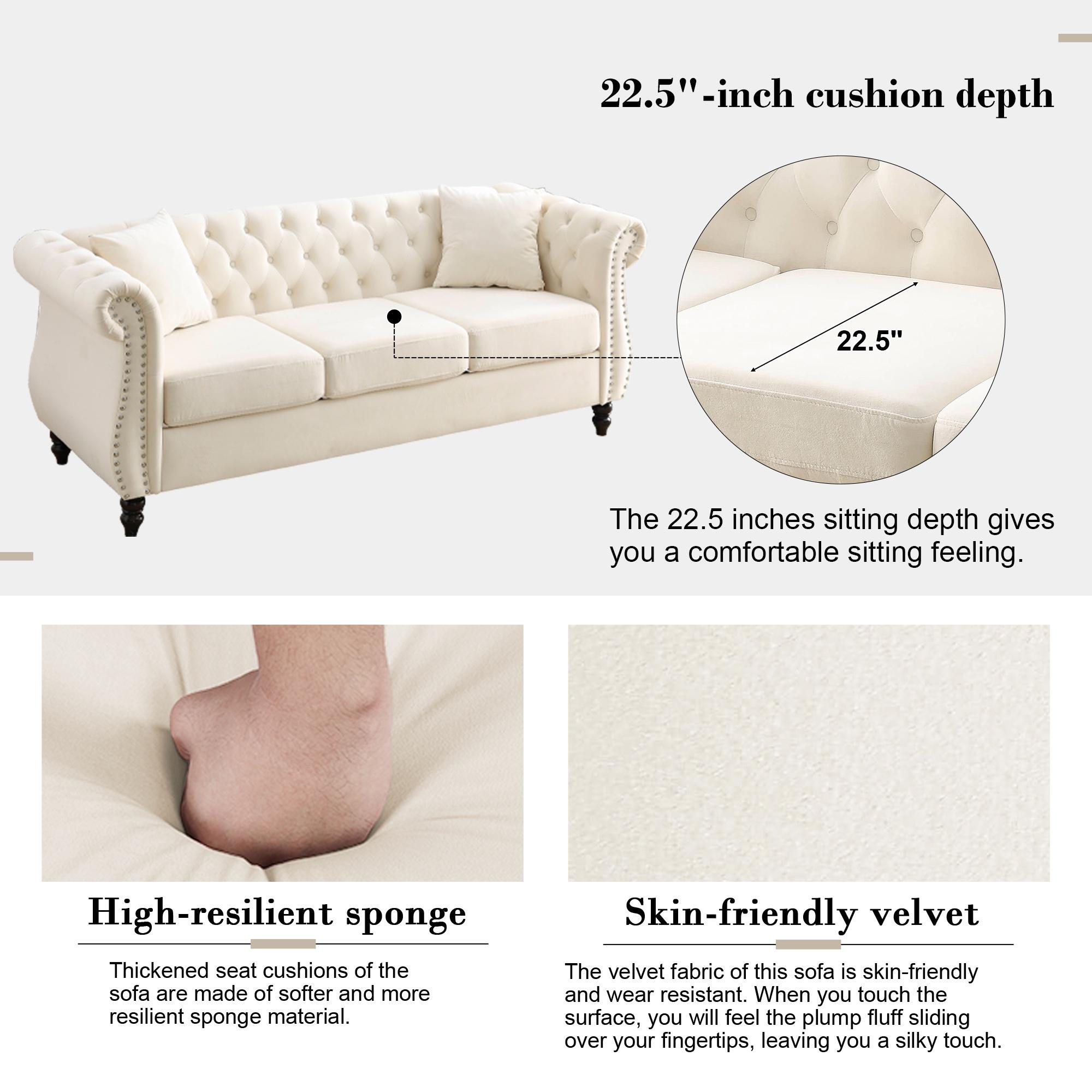 FURNINEST Living Room Sofa Furniture, Mid-Century 3-Seat Couches and Sofas, Velvet Upholstered Sofa Sofa with 2 Pillows and Wood Legs, Velvet Sofa for Living Room Bedroom, 80"L x 29"W x 30"H, Beige