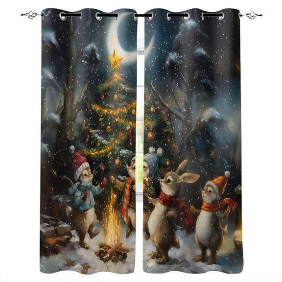 Hokiten Christmas Blackout Curtains | Light Blocking Print Window Curtains, Winter Snowflake Animals Xmas Tree Moon Thermal Insulated Window Drapes for Living Room Kitchen (2 Panels, 104"W x 63"L)