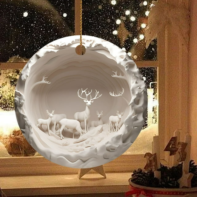TopLLC Round Acrylic Christmas Decorations Reindeer Hanging Sign Festive Wall Decorations Hang one hat