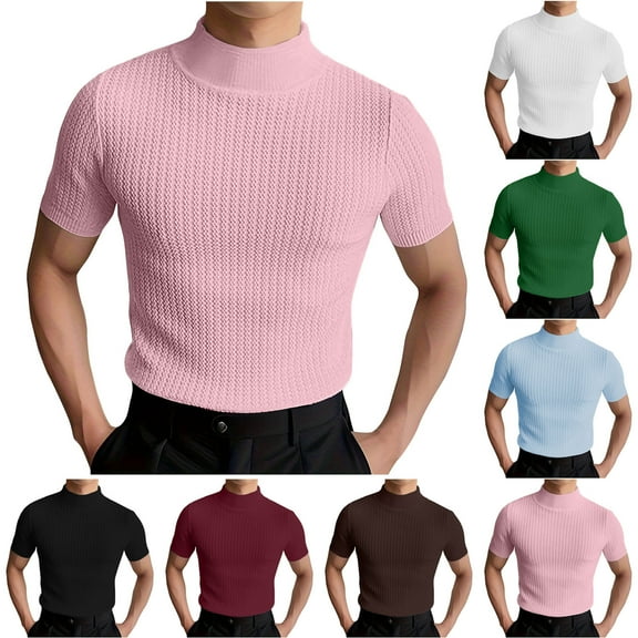 Jinhomg Mens Casual Knitted Pullover Slim Fit Comfy Short Sleeve Mock Neck Tops Big and Tall Solid Color Spring Summer Tees Daily Wear Blue L