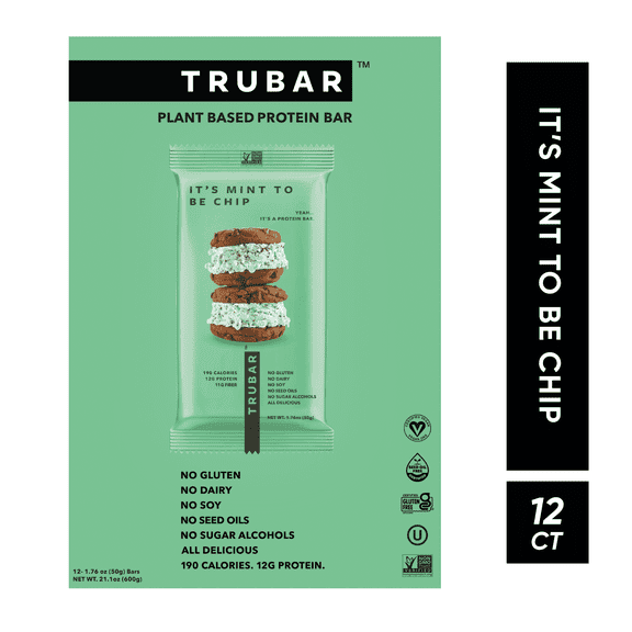 TRUBAR Protein Bar, It's Mint to Be Chip, Plant Based Protein, Vegan, Gluten Free, Kosher, 12 Count (Box)
