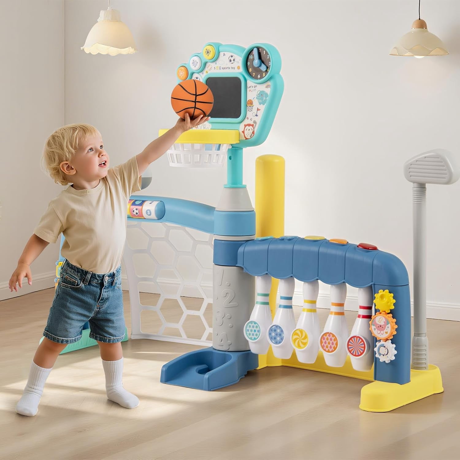 OLAKIDS Toddler Basketball Hoop, 5 in 1 Adjustable Baby Sports Activity Center Soccer Bowling Baseball Golf Set, Indoor Outdoor Foldable Kids Play Toy Birthday Gift with Light Music for Boys Girls