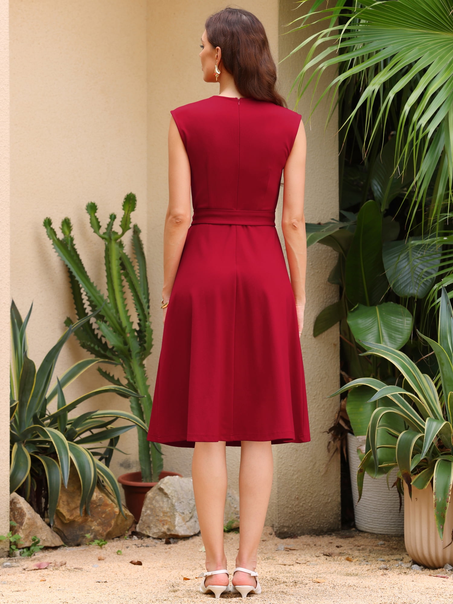 DARING DIVA Women's A-Line Sleeveless Dress Pleated Neck Tie Waist Work Dresses 2XL Red