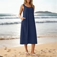 thumbnail image 3 of Zynoxe Midi Dresses for Women Classic Square Neck Sleeveless Beach Dress Flowy A-Line Solid Color Women's Cotton Linen Dresses Breathable Casual Loose Shift Sundress with Pockets M, 3 of 10