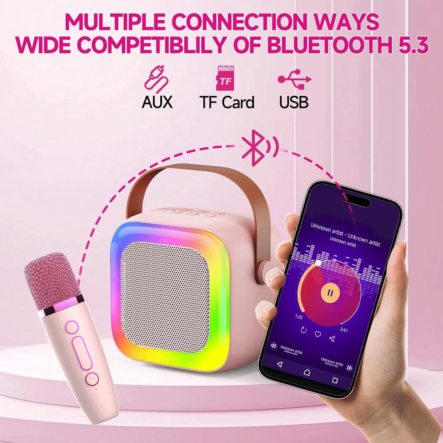 Mini Karaoke Machine for Kids Teen Adults, Portable Bluetooth Mini Karaoke Microphone Singing Speaker with 2 Wireless Mic and Light, Toys for All Smartphones,Birthday, Family,Home Party
