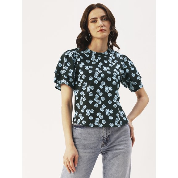 DressBerry Women’s Printed Poly Crepe Top Round Neck Small Ruffle Sleeves Waist Length Regular Wear Light Weighted Casual Summer Top