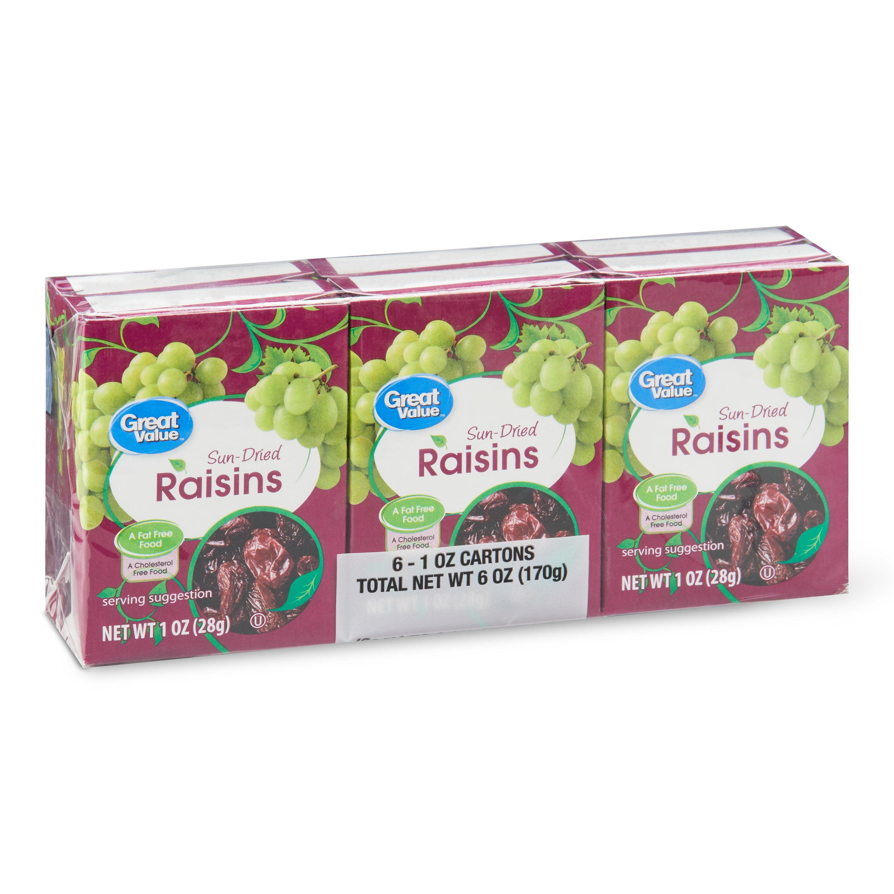 Great Value SunDried Raisins, 1 oz, 6 Count