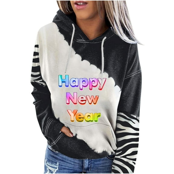 Dianli Hoodies for Women Casual Long Sleeve Hooded Coat Comfy Soft Happy New Year Color Block Shirts Blouses Loose Pullover Tops Dressy Baggy Sweatshirt Hiking Outerwear with Pockets