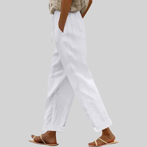 Pounoo Pants for Women Solid Color Rolled Hem Linen Pants Weekend Outings Breathable Versatile Relaxed Fit Casual Trousers Gift