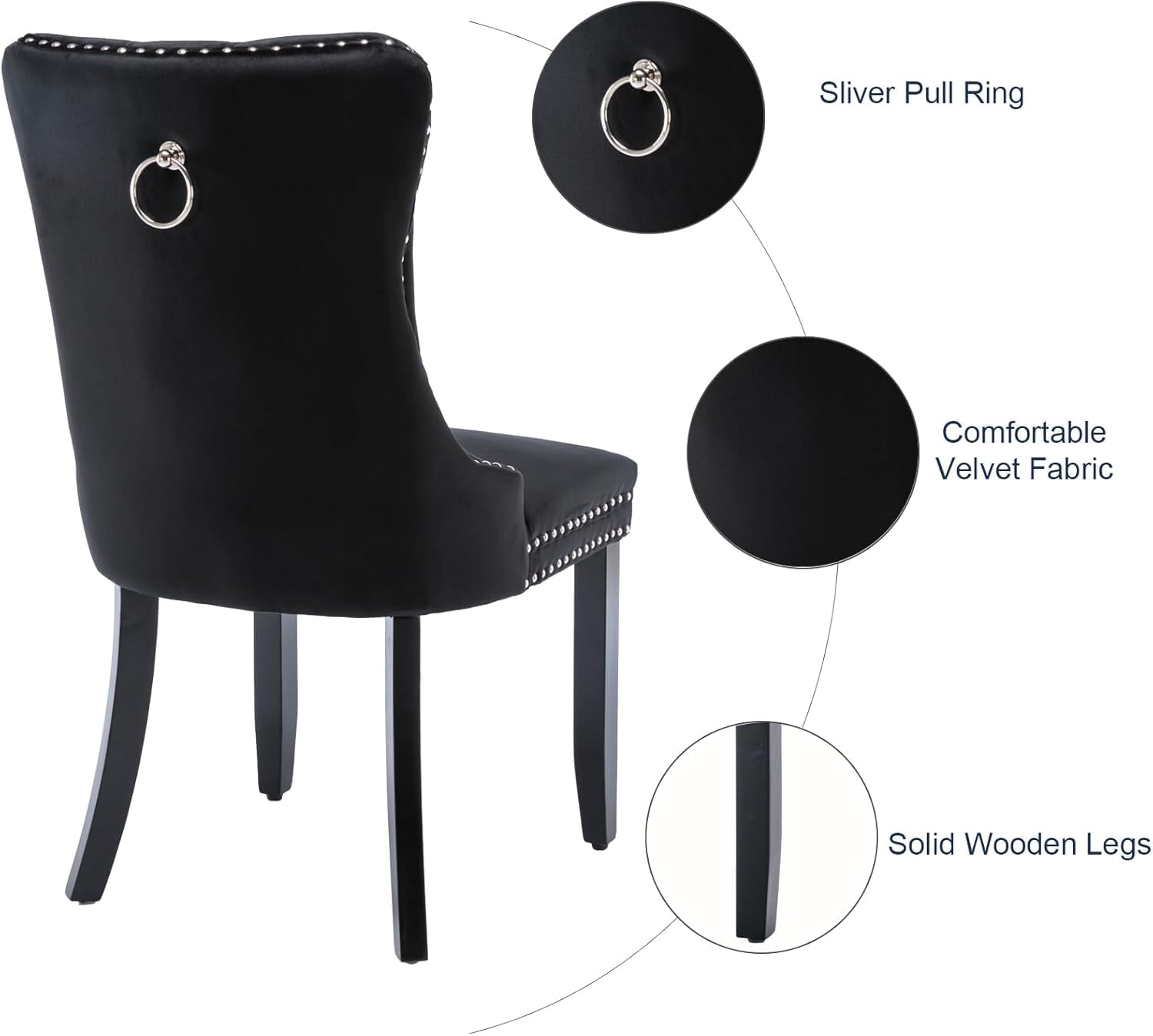 MOONMISS Dining Chairs 2-Pcs Set, High-end Velvet Upholstered Accent Chairs Button Tufted Dining Chairs with Back Ring Pull and Nailhead Trim,Black