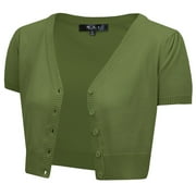 YEMAK Women's Short Sleeve Cropped Bolero Button Down Cardigan Sweater HB2137-SAG-L