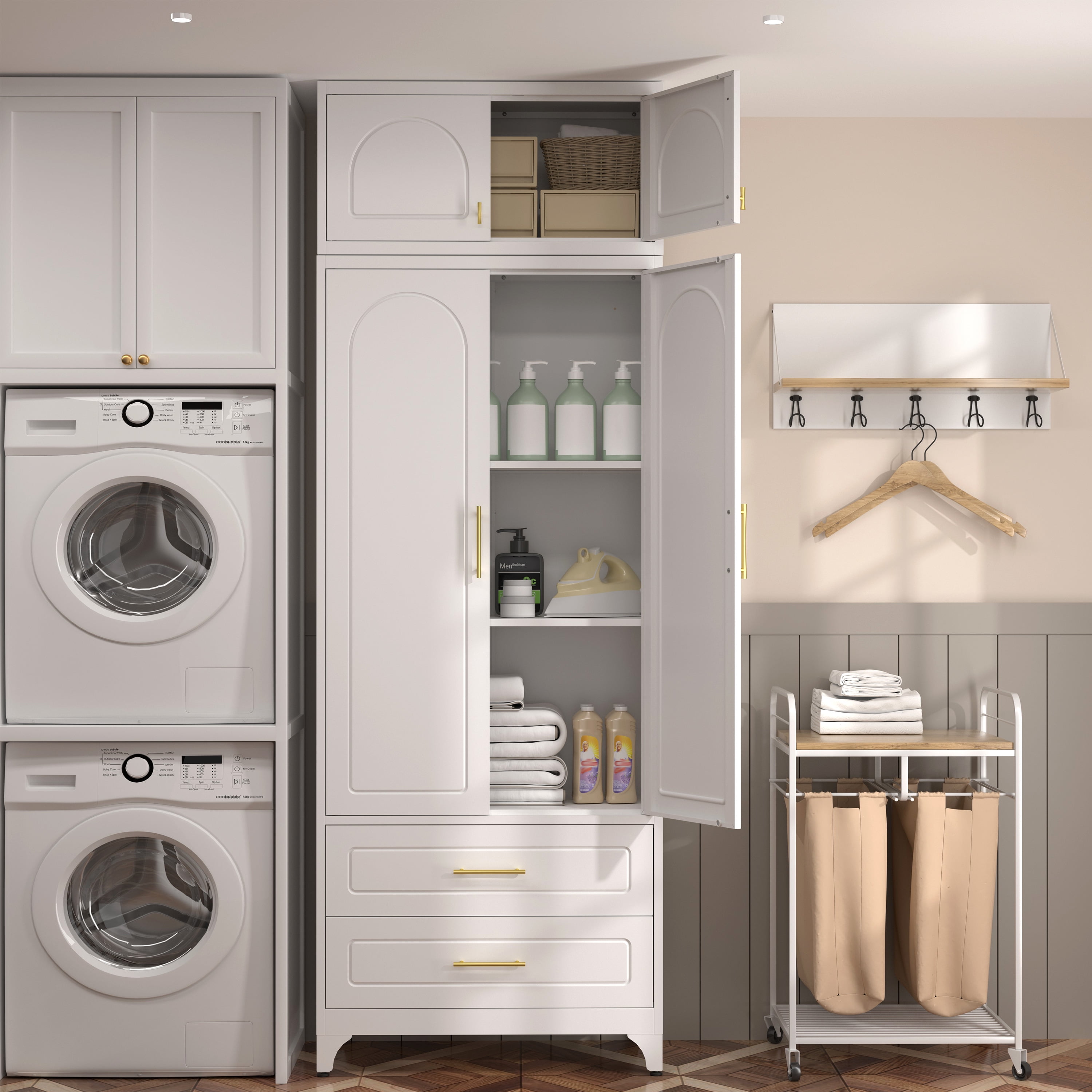 Polup 90" Tall Pantry Cabinet with Two Drawers, Kitchen Metal Storage Cabinets with Doors and Shelves,White, Assembly Required
