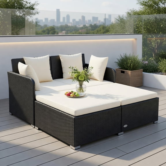 Resenkos Premium Outdoor Rattan Daybed with Plush Upholstered Cushions & Pillows – Gray, Red, Turquoise, White, Navy