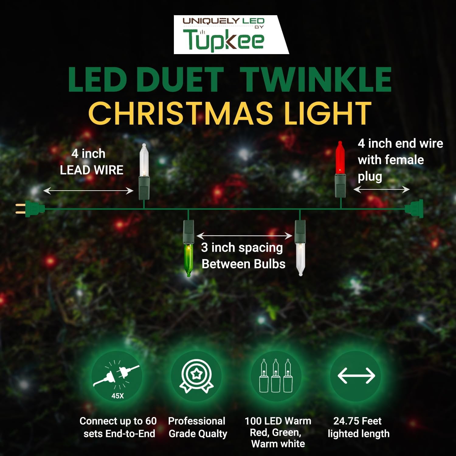 Christmas Uniquely LED Twinkle Lights  Matches Incandescent Exactly - 16 of 100 Lights Twinkling - Indoor Outdoor  100 Red, Green and White Bulbs - 24.75 Feet, Christmas Tree Sparkling Lights String