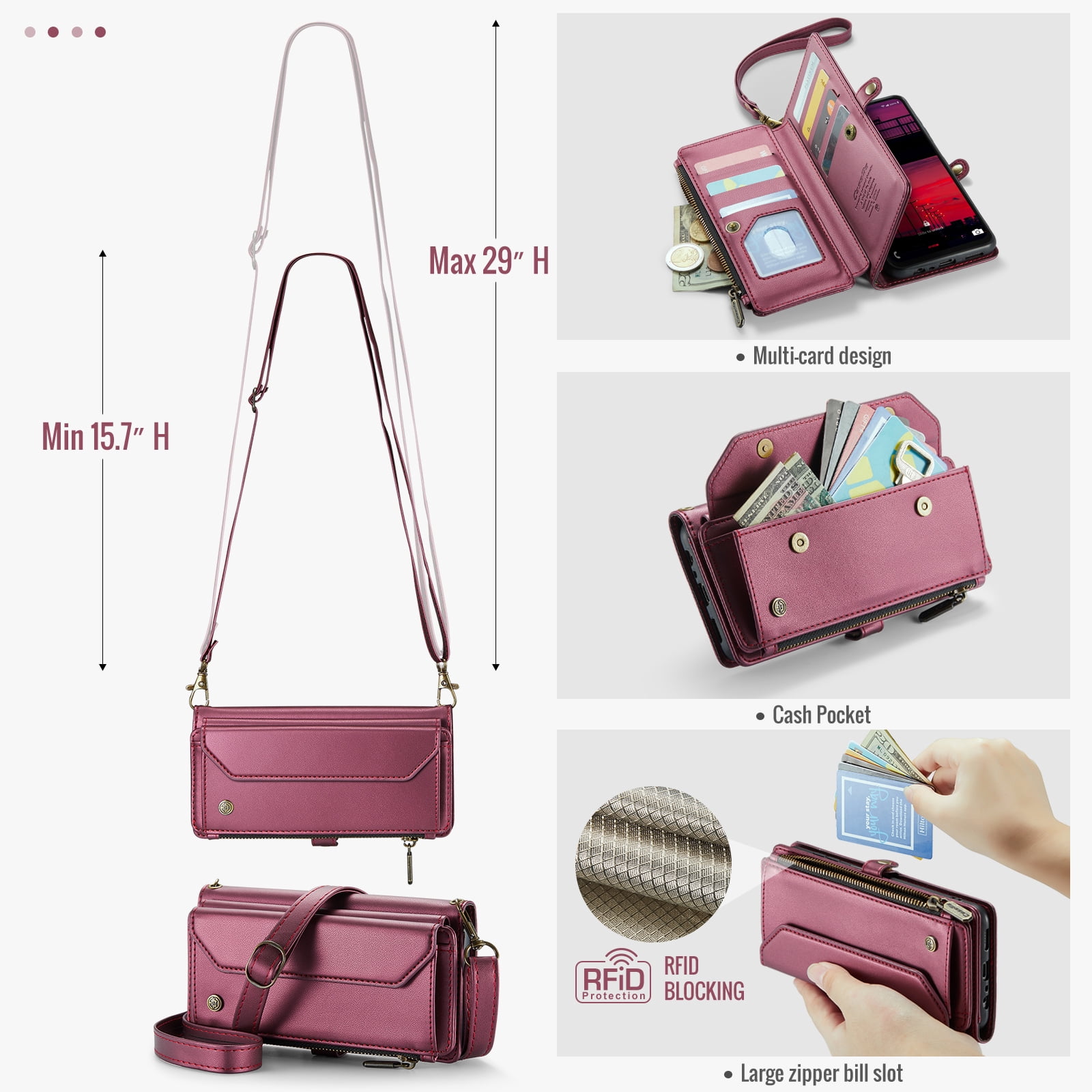 for Samsung Galaxy A16 5G Wallet Case with 10 Card Slots Zipper Pocket,PU Leather Magnetic Flip Folio Wristlet Shoulder Strap 3-in-1 Crossbody Phone Case Wallet for Women Men,Hotpink