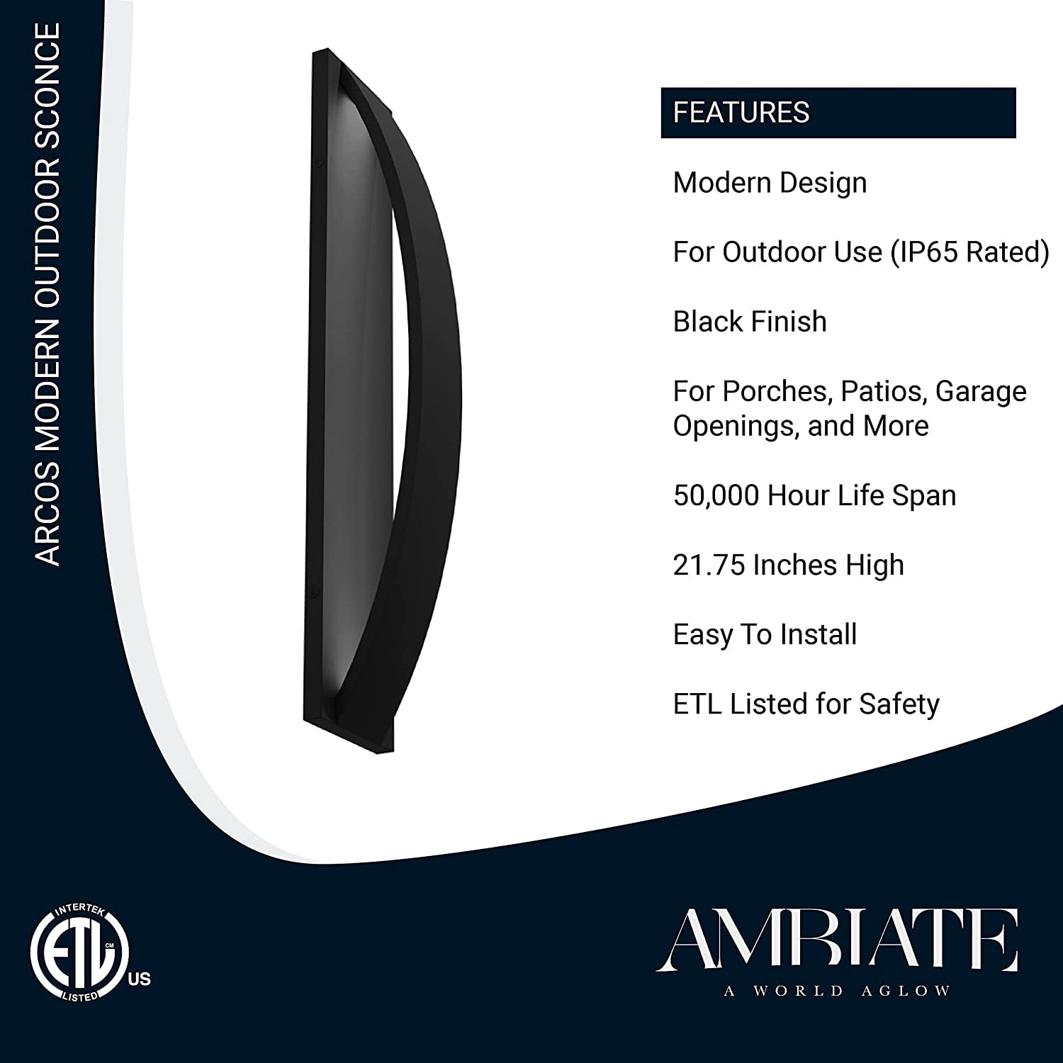 Ambiate Arcos Modern LED Wall Sconce Fixture, 12 Watt (72W Equivalent), 3000K, 1000 Lumens, Outdoor Use, Black Finish, for Porches, Patios, Garage Openings, Commercial or Residential, ETL Listed