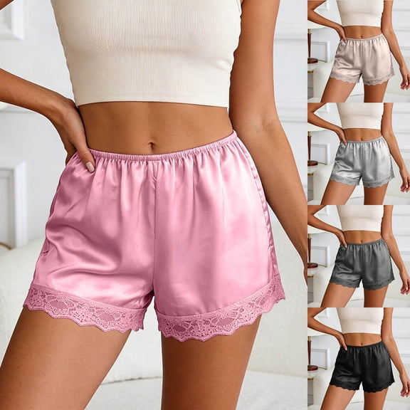 SOFTCCLO Shorts for Women Solid Satin Lace Shorts Elastic Waist Mini Casual Womens Shorts Black L