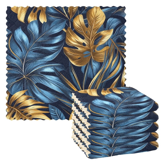 Blue and Gold Leaves Kitchen Towels 6 Pcs Dish Towels Absorbent Soft Quick Dry Towel Dish Rags for Washing Dishes