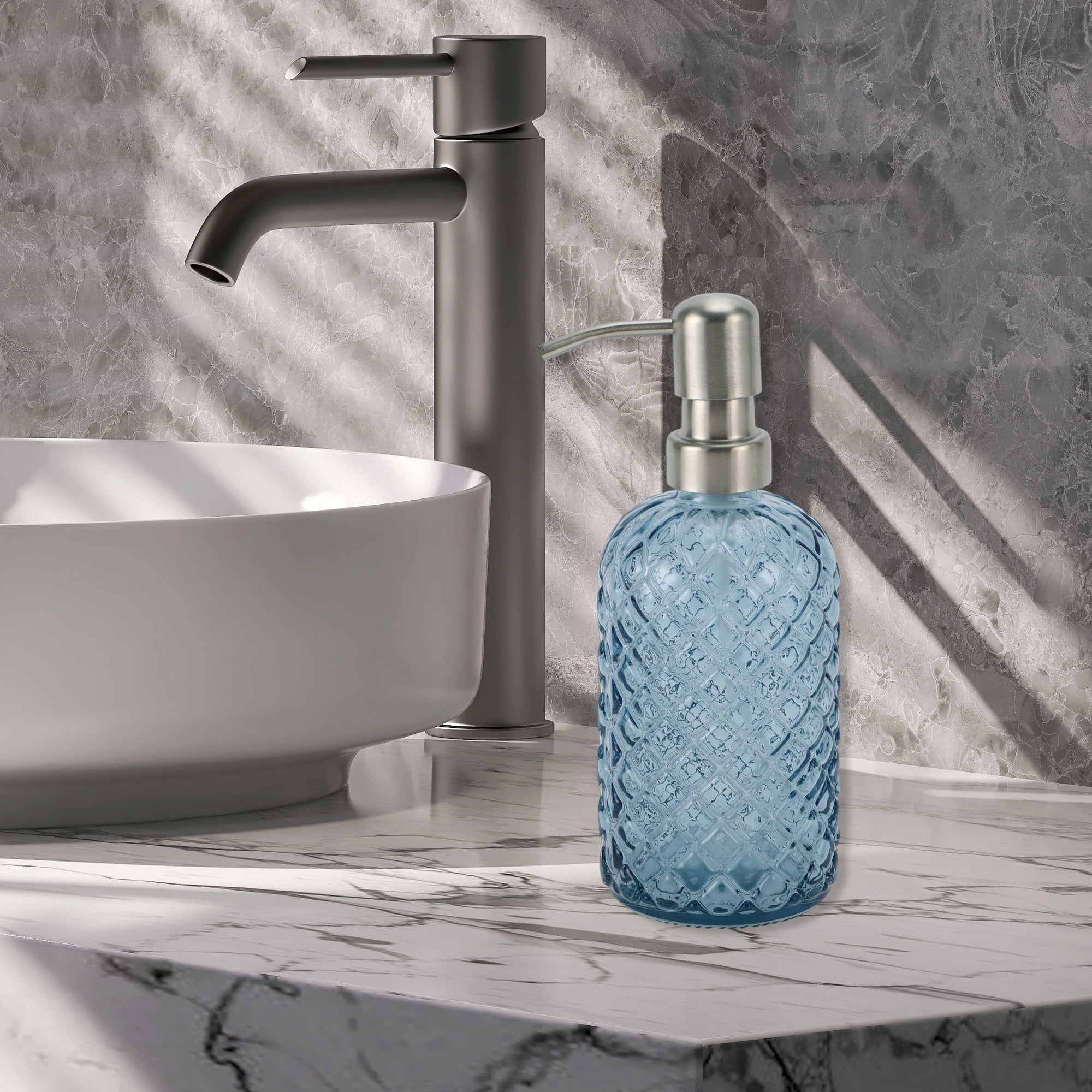 1 Pc Simple Cylindrical Soap Pump Dispenser for Bath 400ml Blue Silver Tone
