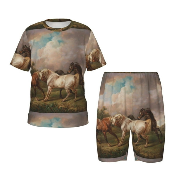 Balery Three Horses Oil Painting Conjunto de Pijama Infantil de Manga Corta con Estampado – Ropa de Dormir de Algodón Suave-3X-Large
