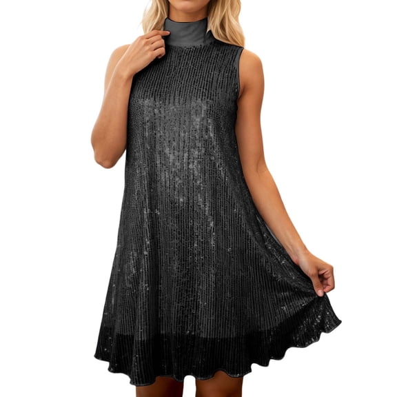 XIYON Dress For Women Sequin Slip Casual Dress Elegant Sleeveless Crew Neck Mini Party Evening Wear Fashion Bodycon Tunic Elegant