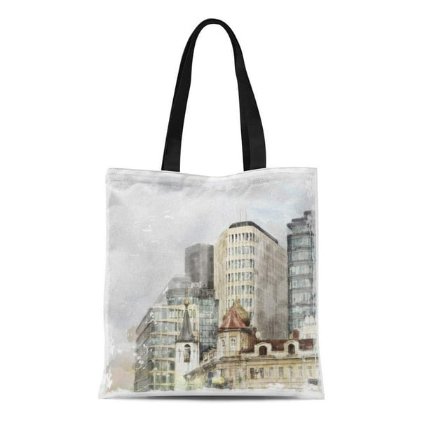 ASHLEIGH Canvas Tote Bag Aquarelle Watercolor of City Scape Building Skyscraper Skyline Ancient ...