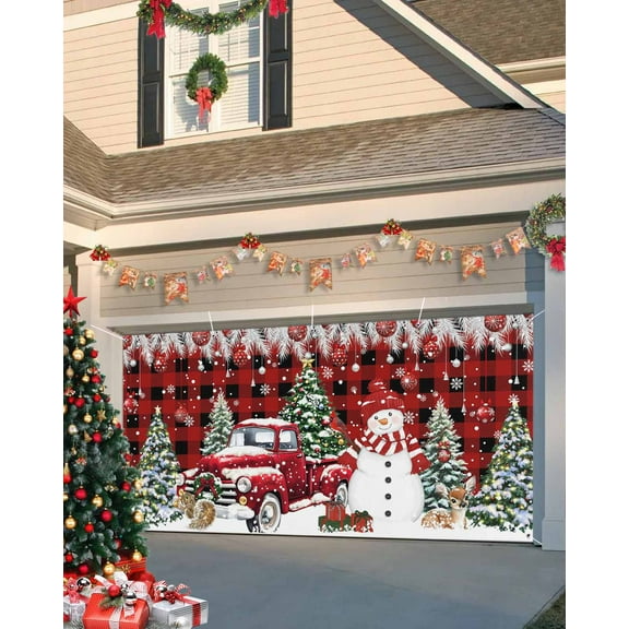 Fsddascl 7 x 16 Ft Christmas Garage Door Cover, Red Plaid Christmas Large Garage Door Banner, Xmas Snowman Truck Tree Balls Hanging Garage Mural Background for Indoor Outdoor Xmas Party Supplies