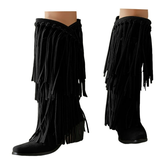 Chenyee Womens Fringe Western Boots Fashion Pointed Toe Knee High Booties with Mid Heel