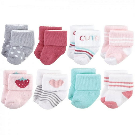 Hudson Baby Infant Girl Cotton Rich Newborn and Terry Socks, Strawberry 8Pk, 6-12 Months
