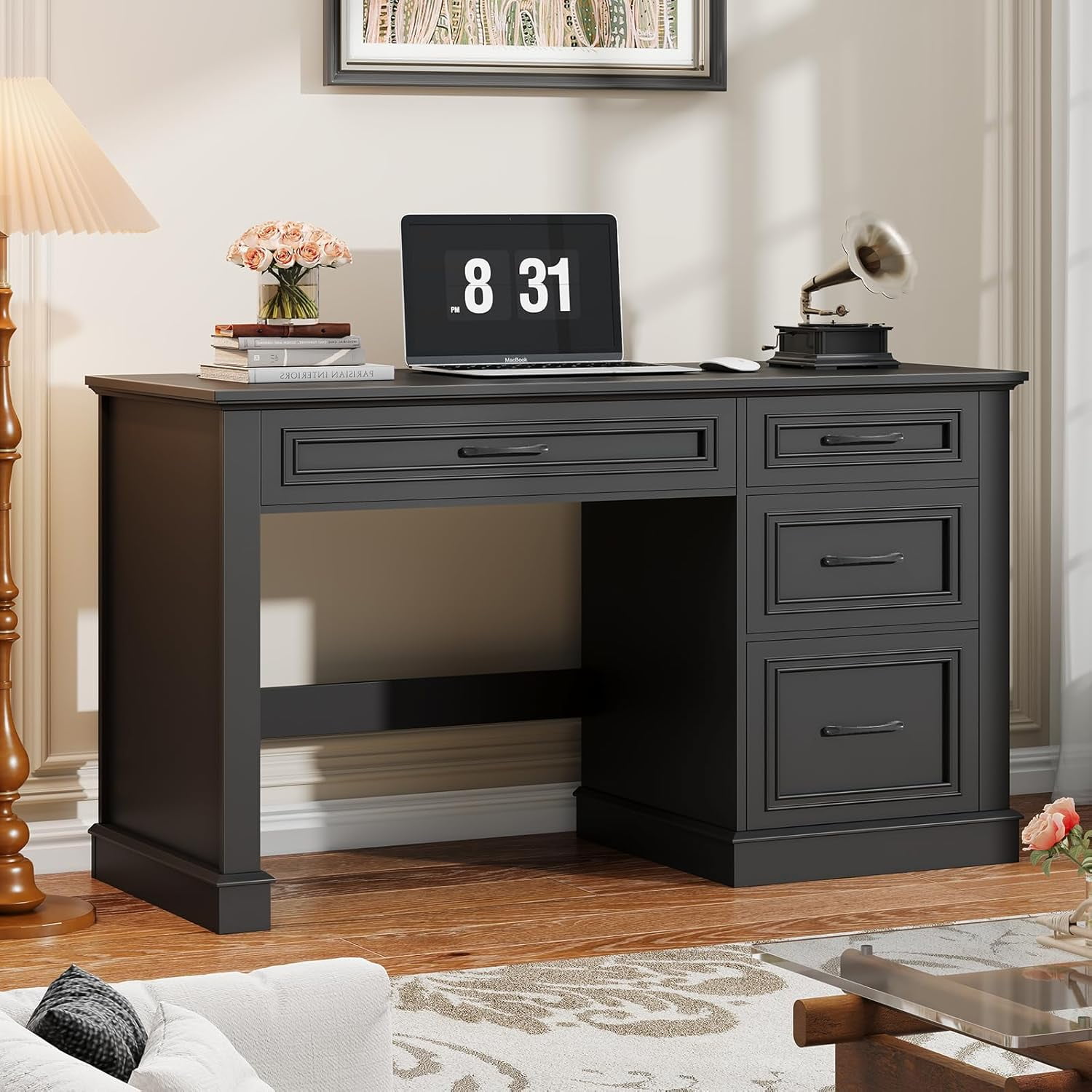 Farmhouse 47" Executive Desk, Computer Desk with Drawers and File Drawer, Workstation Computer Desk with Charging Station for Home Office, Study,Pure Black.