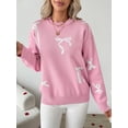 thumbnail image 3 of Women's Crew Neck Bow Jacquard Knit Sweater, Drop Shoulder Long Sleeve Loose Pullover Top for Christmas Holiday, 3 of 7