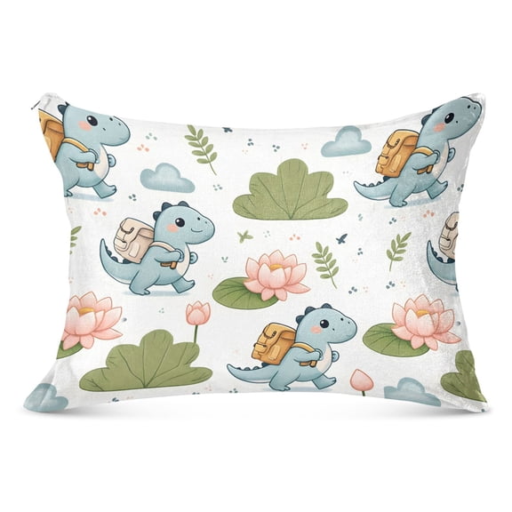 Cute Dinosaur with Backpack and Lotus Plush Pillow Cases Standard Size Ultra Soft Warm Pillowcases with Zipper 20"x26"