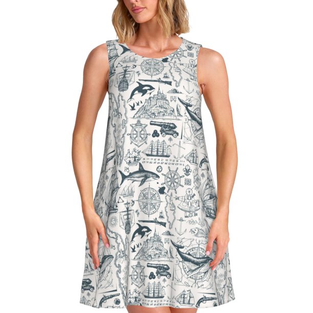 Balery Vintage Sailboats Vestidos de verano para mujer con estampado: vestido holgado sin mangas, vestido playero informal y cómodo para días calurosos.