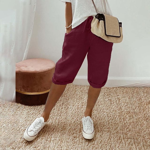 Hot Sale! Clearance! Women's Knee Length Short Pants Ladies Loose Drawstring Casual Solid Color Shorts Wine L