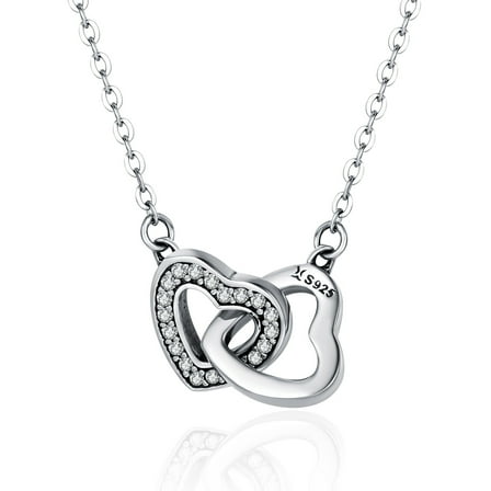 Interlocked Hearts Sterling Silver Necklace - 925 Silver Adjustable Chain Delicate Pendant Jewelry for Women