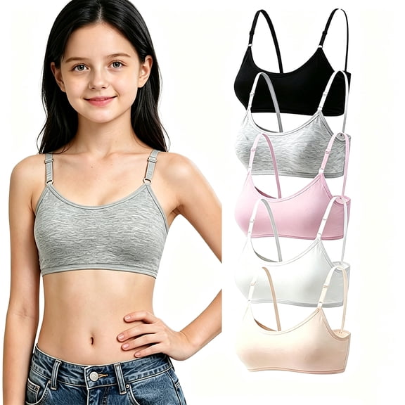 Girls Cotton Bras Wireless Light Padded Sports Bra 5 Pack Adjustable Strap Ages 10-16