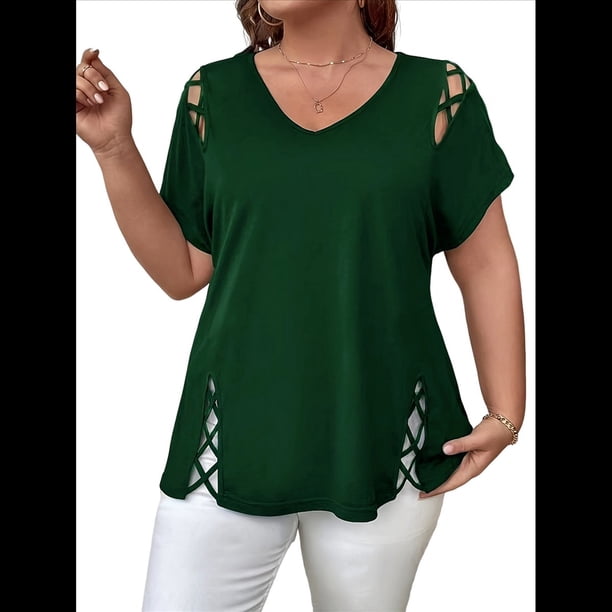 Blusas Tipo Túnica de Corta para Mujer, con Escote en V Recortado, Elegantes, Informales, Holgadas y Largas Verde Oscuro 4XL