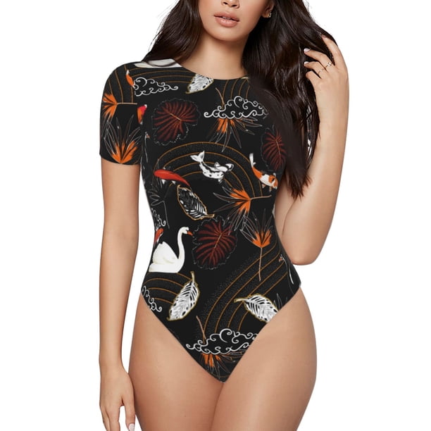 Balery Animal Koi Fish Body de cuello redondo de manga corta para mujer Tops de manga corta Tops básicos-Large