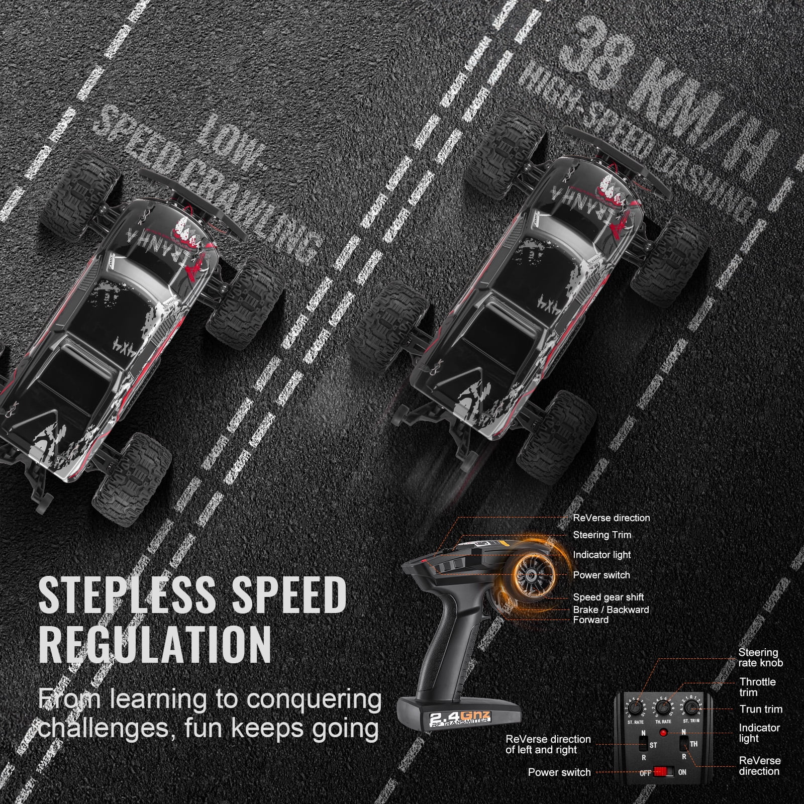 KFFKFF Wireless Operated Vehicle, RC Car in 1:10 Scale for Children, 4WD Monster Truck Capable of 45° Wheelie, Equipped with 2 Batteries, Capable of 38 km/h Speed - Perfect Present