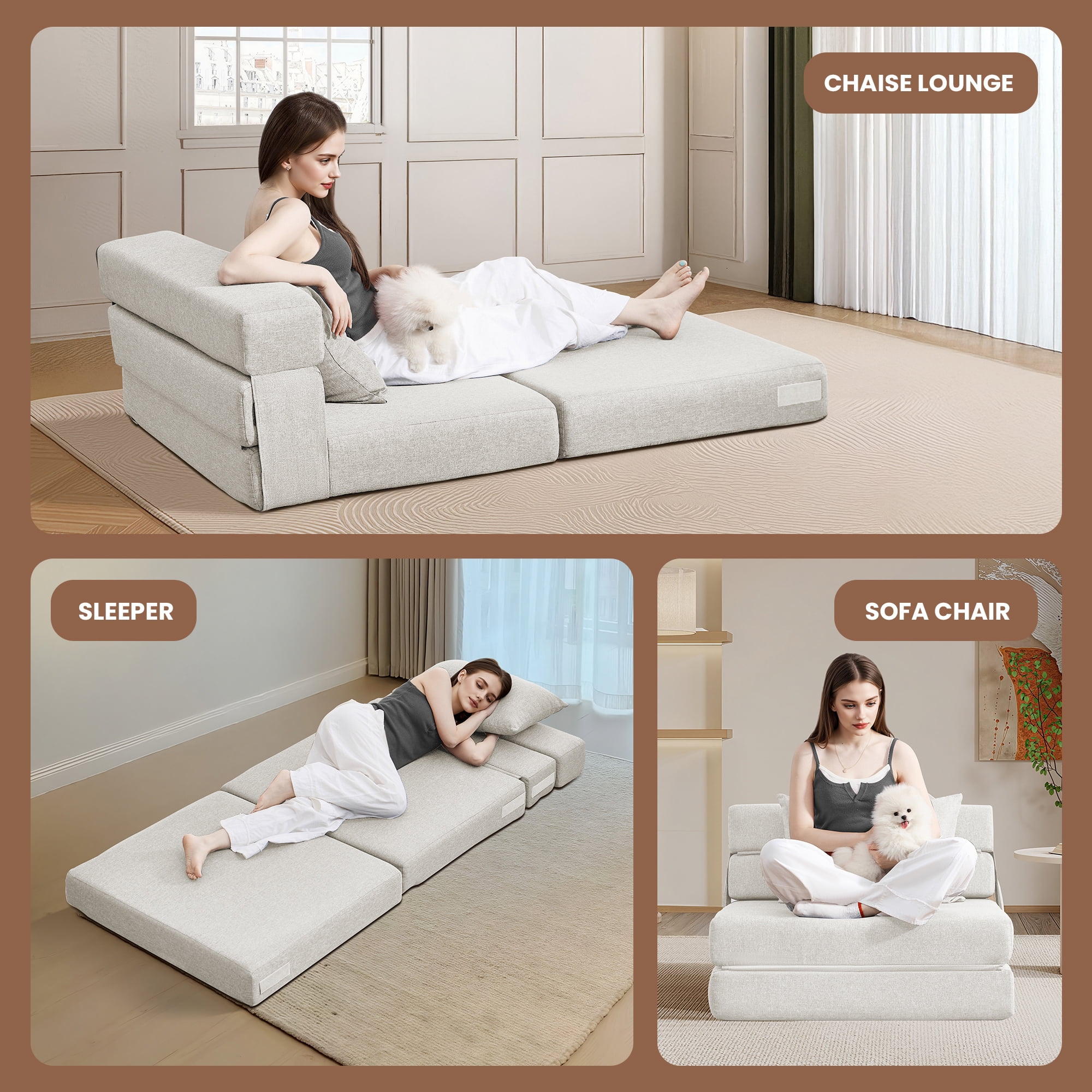 SERWALL Modular Folding Sofa Chair, 4-in-1 Convertible Sofa Bed, Foldable Sofa Chair for Bedroom, Beige