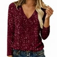 thumbnail image 2 of WHEANG Long Sleeve Shirts For Women V Neck Real Sequin Long Sleeve T Shirt High Density Beads Fashionable Casual Solid Color Top 1Pc Red S-Xxl, 2 of 9