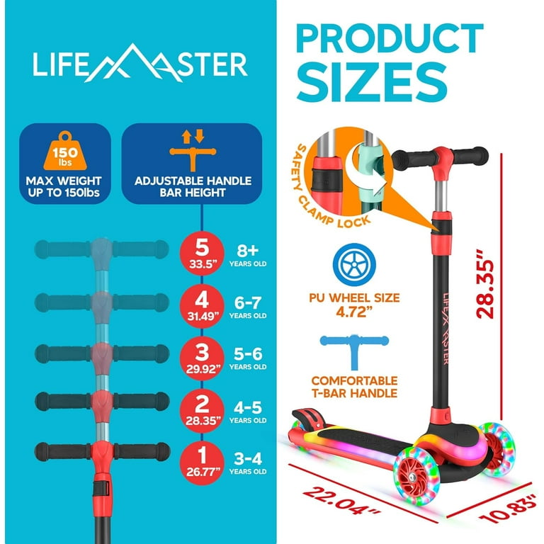 Lifemaster 3-Wheel Kids Scooter with LED Lights, Red photo 2